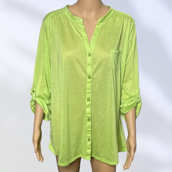 Kim Rogers Womens Roll Up Sleeve Green Shirt Blouse‎ Top Size 1X - Picture 1 of 13